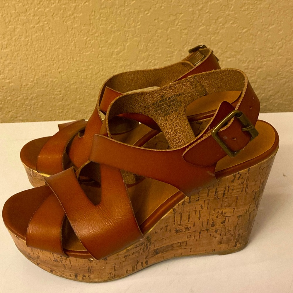 Cognac faux leather wedges size 6.5